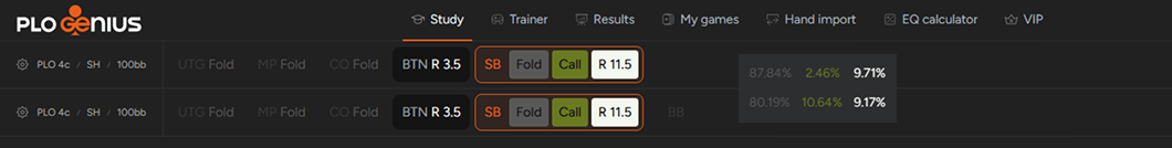 PLO Genius Compare tool showing Small Blind strategies against a Button raise under two rake structures.