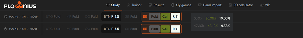 PLO Genius Compare tool showing Big Blind strategies against a Button raise under two rake structures.
