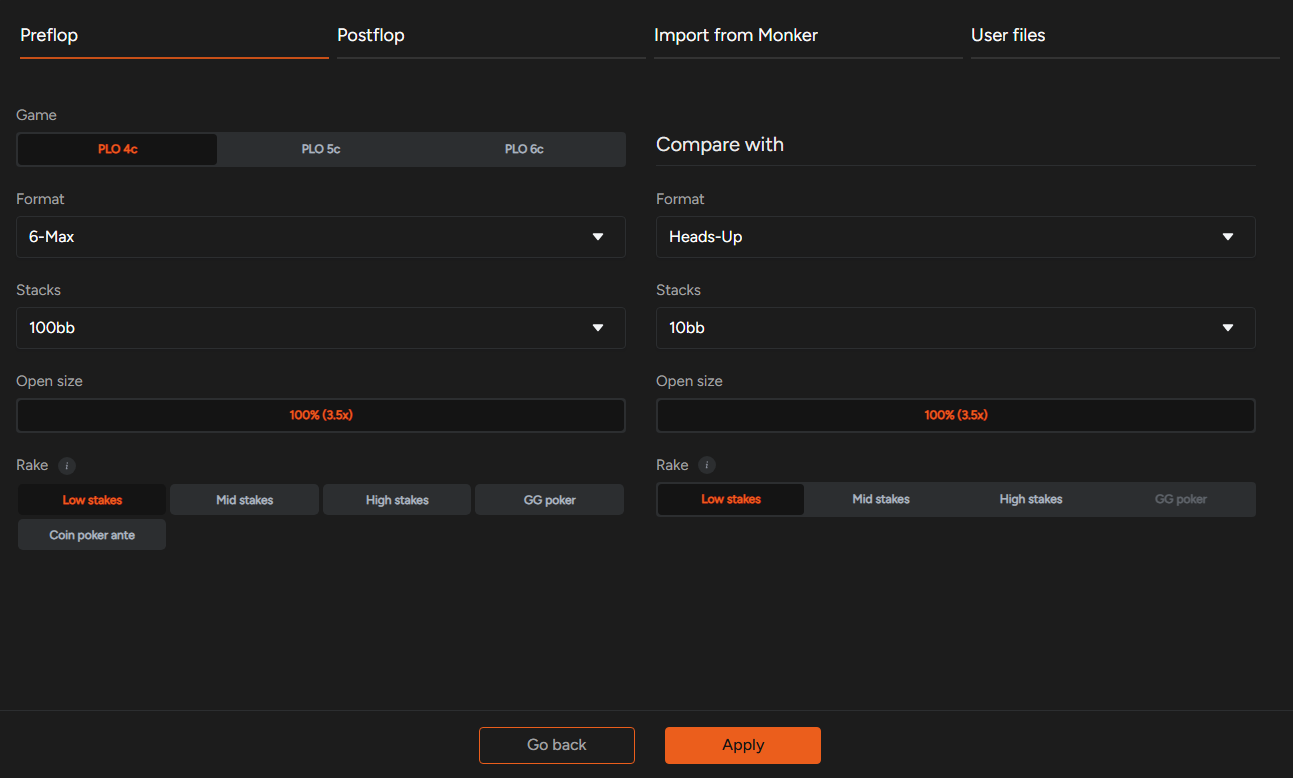 PLO Genius Compare setup screen for selecting the format, stack depth, open size, and rake of two preflop configurations.