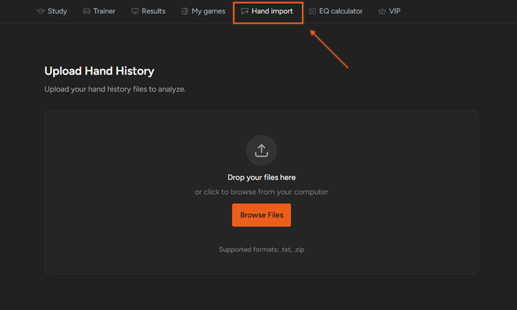 PLO Genius Hand Import screen with the navigation tab highlighted and an upload area for .txt or .zip hand history files.